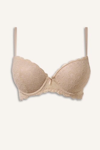 Kadın Bej Dantelli Full Push Up Balenli Basic Tişört Bra