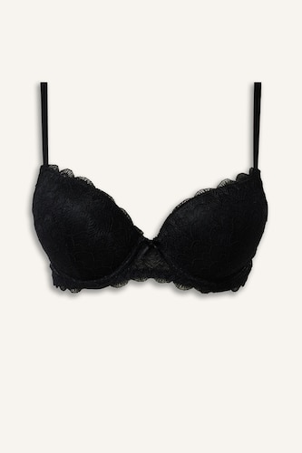 Kadın Siyah Dantelli Full Push Up Balenli Basic Tişört Bra