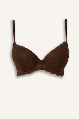 Kadın Kahve Dantelli Full Push Up Balenli Basic Tişört Bra