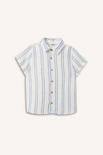 Baby Boys Ecru Regular Fit Muslin Striped Short Sleeve Shirt