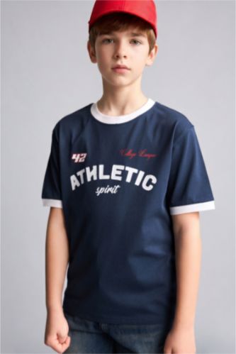 Boys & Teens NAVY تيشيرت ولادي نص ردن مطبوع قصة عادية