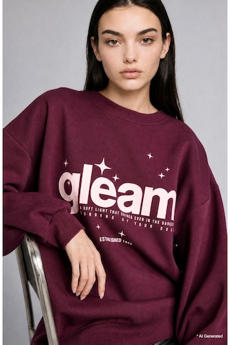 Woman Bordeaux Oversize Fit Printed Thick Fabric Crew Neck Sweatshirt