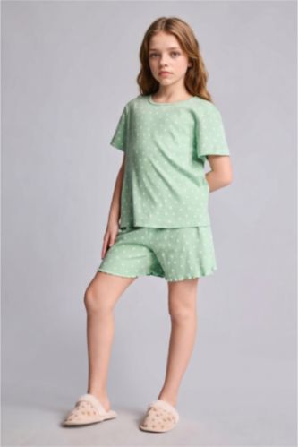 Kız Çocuk - Genç Kız Mint Puantiyeli Fitilli Kaşkorse 2'li Pijama Takımı Kız Çocuk