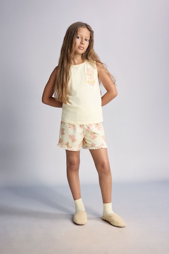 بنات أصفر فاتح Girl 100% Cotton Teddy Bear 2 Piece Pajama Set