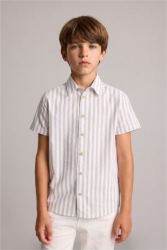 Young Boys - Teen Boys Beige Boy Regular Fit Striped Short Sleeve Shirt