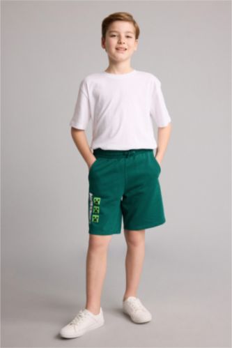Young Boys - Teen Boys Green Regular Fit Minecraft Licensed Elastic Band Shorts
