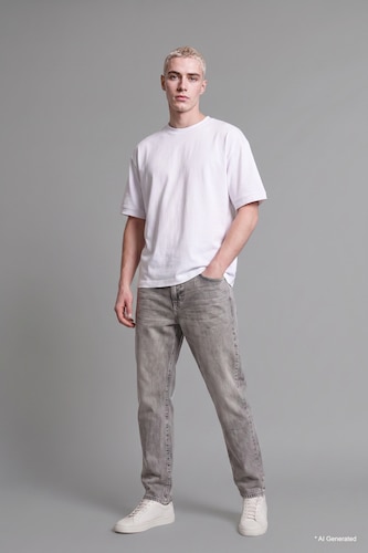 Erkek Açık Gri %100 Pamuk Straight Fit Jean Pantolon