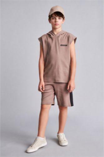 BOYS & TEENS Light Brown Boy Hooded Printed Tank Top Shorts 2 Piece Set