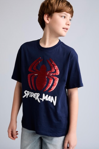 Erkek Çocuk - Genç Erkek Lacivert %100 Pamuk Çift Yönlü Payetli Marvel Spıderman Tişört Erkek Çocuk