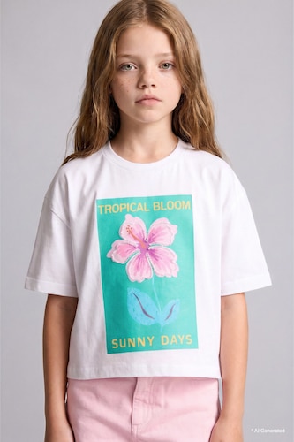 Girl Floral Print Short Sleeve White T-Shirt