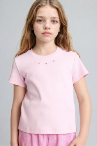 GIRLS & TEENS Pink تيشيرت نص كم مضلع قصة عادية