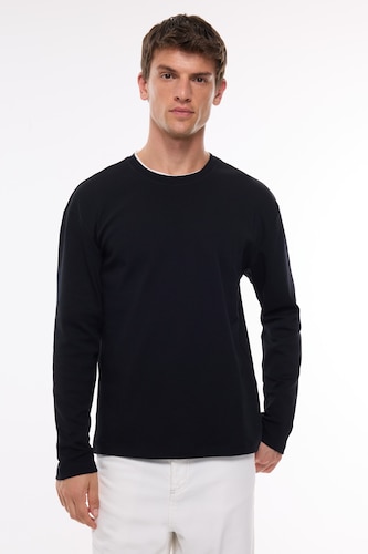 100% Cotton Regular Fit Crew Neck Contrast Detail Long Sleeve Basic T-Shirt