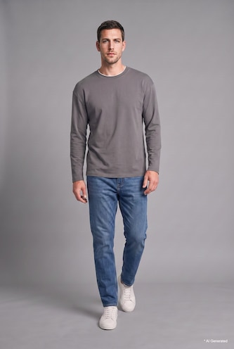 Men Grey 100% Cotton Regular Fit Crew Neck Contrast Detail Long Sleeve Basic T-Shirt