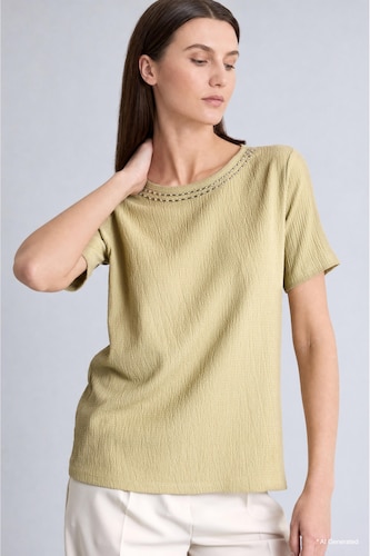 WOMAN Light Khaki Regular Fit Embroidered Texture Crop T-Shirt