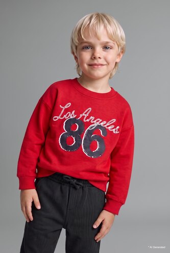 Erkek Bebek Kırmızı %100 Pamuk Baskılı Sweatshirt Erkek Bebek