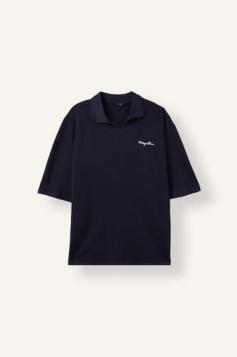 Erkek Lacivert Boxy Fit Minimal Baskılı Polo Tişört