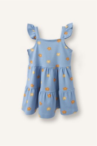 Kız Bebek Mavi %100 Pamuk Floral Askılı Elbise Kız Bebek