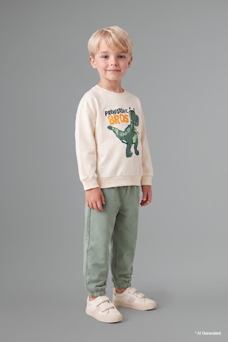 Baby Boys Ecru 2 piece Regular Fit Crew Neck Animal Set
