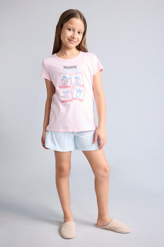 Young Girls - Teen Girls Light Pink 2 piece Relax Fit Disney Lilo & Stitch Knitted Pyjamas