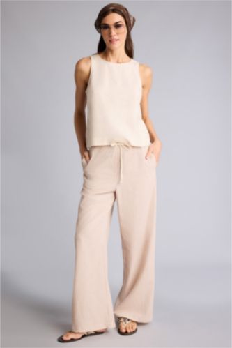 Kadın Açık Bej Regular Fıt Yüksek Bel Geniş Paça Oxford Pantolon
