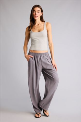 Kadın Antrasit Regular Fıt Yüksek Bel Düz Paça Keten Görünümlü Pantolon