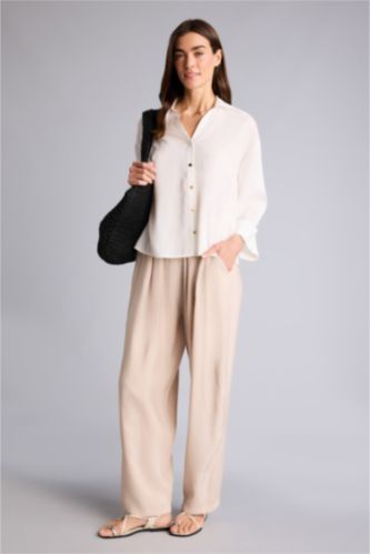 Kadın Açık Bej Regular Fıt Yüksek Bel Düz Paça Keten Görünümlü Pantolon