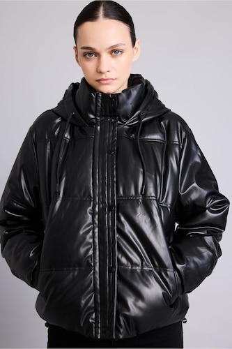 Veste en similicuir à capuche et poches Coupe régulière