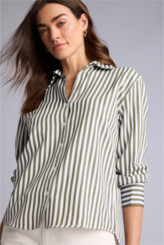 Kadın Koyu Haki Çizgili Uzun Kollu Gömlek