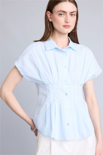 Kadın Açık Mavi Fitted Kısa kollu Poplin Gömlek