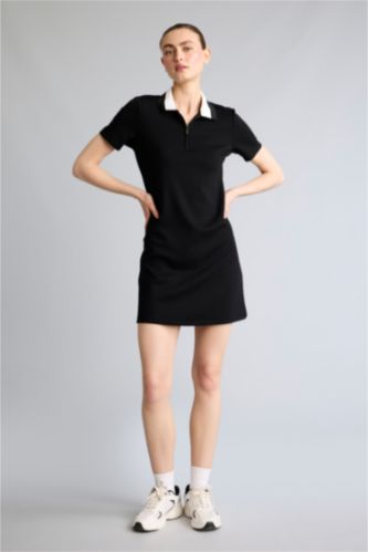 Woman Black Standard Fit Polo Neck Basic Mini Dress