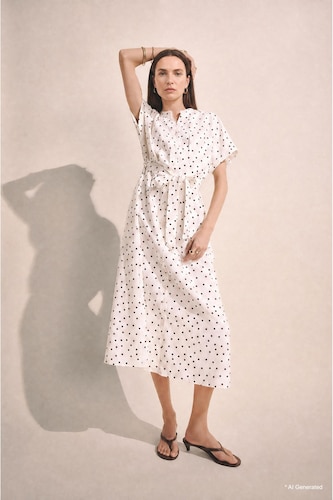 Women White A Cut Crew Neck Printed Midi Dress