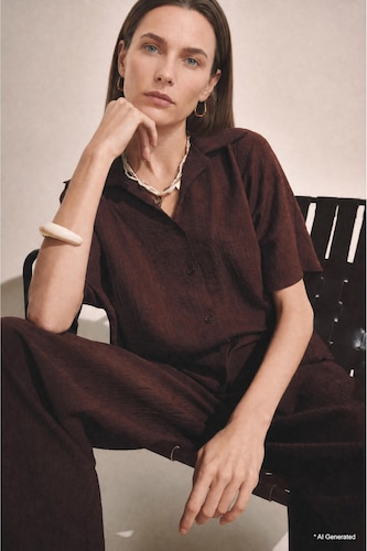 Shirt Collar Crinkle Fabric Short Sleeve Shirt