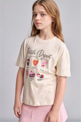 FILLES Écru T-shirt à col rond et manches courtes pour fille