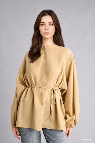 Women Olive Relaxed Fit 100% Cotton Waffle Fabric Balloon Sleeve Tunic