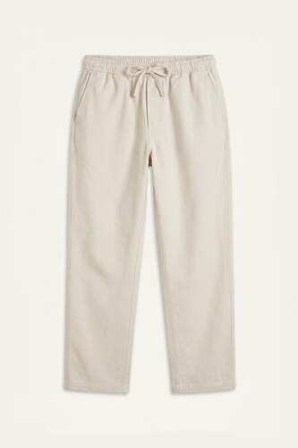 Linen Blend Elastic Waist Regular Fit Beige Trousers