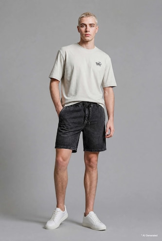 Man Black Ultra Soft Relaxed Fit Elastic Waist Denim Shorts