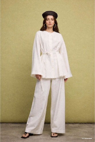 WOMAN Ecru Relaxed Fit Cotton Linen Blend Pants