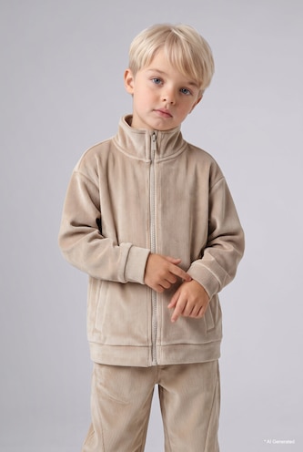 Baby Boy Beige Baby Boy Velvet Zip-Up Jacket