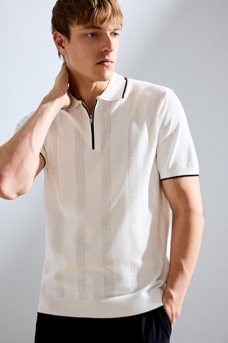 Man Ecru Standard Fit Knitwear Short Sleeve Polo T-Shirt