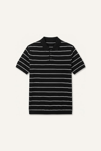 Standard Fit Black Striped Knitted Short Sleeve Polo T-Shirt