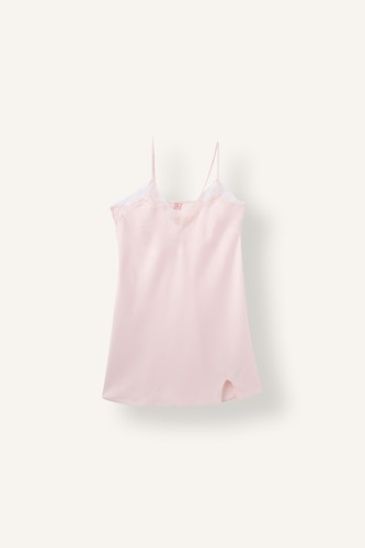 Kadın Açık Pembe Regular Fit Dantelli Askılı Saten Elbise