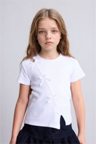 FILLES Blanc T-shirt côtelé à col rond et manches courtes pour fille