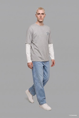 MAN Grey Melange Boxy Fit Printed Crew Neck Long Sleeve T-Shirt