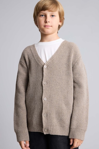 Boys & Teens Light Beige Boy V-Neck Ribbed Basic Knit Cardigan