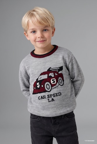 Baby Boy Light Grey Melange Baby Boy Oversize Basic Car-Print Pullover