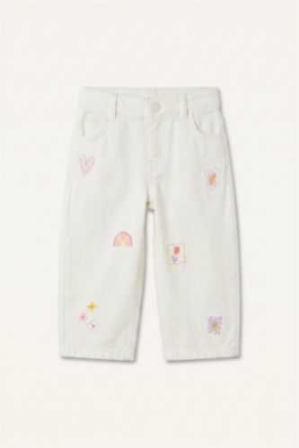 Kız Bebek Ekru Baggy Fit İşlemeli Pantolon Kız Bebek