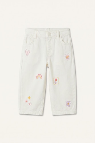 Baby Girl Baggy Fit Ecru 100% Cotton Embroidered Gabardine Pants