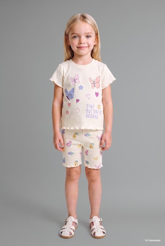 Baby Girl White Baby Girl Printed Ribbed 2 Piece Pyjama Set