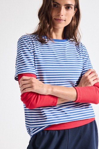 WOMAN NAVY Regular Fit Crew Neck Striped Cotton T-Shirt