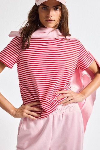 Women Red Regular Fit Crew Neck Striped Cotton Red T-Shirt